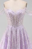 Off the Shoulder Lilac Corset Sequins A-Line Short Homecoming Dress with Lace Up Back
