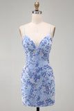 Blue Bodycon Spaghetti Straps Lace Up Back Short Homecoming Dress with Beading