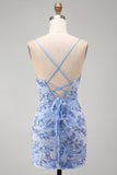 Blue Bodycon Spaghetti Straps Lace Up Back Short Homecoming Dress with Beading