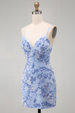 Blue Bodycon Spaghetti Straps Lace Up Back Short Homecoming Dress with Beading