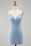 Blue Spaghetti Straps Lace Up Back Bodycon Short Homecoming Dress with Pearls