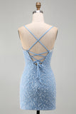 Blue Spaghetti Straps Lace Up Back Bodycon Short Homecoming Dress with Pearls