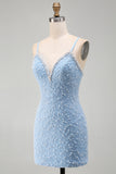 Blue Spaghetti Straps Lace Up Back Bodycon Short Homecoming Dress with Pearls