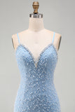 Blue Spaghetti Straps Lace Up Back Bodycon Short Homecoming Dress with Pearls