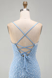 Blue Spaghetti Straps Lace Up Back Bodycon Short Homecoming Dress with Pearls