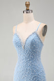Blue Spaghetti Straps Lace Up Back Bodycon Short Homecoming Dress with Pearls