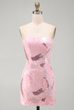 Pink Strapless Bodycon Beaded Short Homecoming Dress