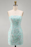 Mint Floral Strapless Bodycon Sequins Short Homecoming Dress
