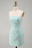 Mint Floral Strapless Bodycon Sequins Short Homecoming Dress