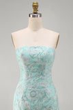 Mint Floral Strapless Bodycon Sequins Short Homecoming Dress