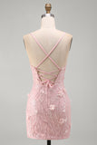 Pink Floral Lace Up Back Spaghetti Straps Short Homecoming Dress with Sequins