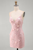Pink Floral Lace Up Back Spaghetti Straps Short Homecoming Dress with Sequins
