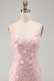 Pink Floral Lace Up Back Spaghetti Straps Short Homecoming Dress with Sequins