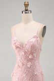 Pink Floral Lace Up Back Spaghetti Straps Short Homecoming Dress with Sequins