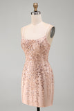 Champagne Bodycon Sequins Short Homecoming Dress with Lace Up Back