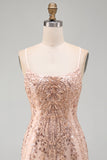 Champagne Bodycon Sequins Short Homecoming Dress with Lace Up Back