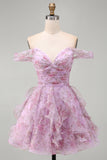 Lilac Off the Shoulder A-Line Ruffle Short Homecoming Dress with Lace Up Back