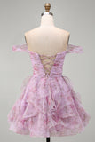 Lilac Off the Shoulder A-Line Ruffle Short Homecoming Dress with Lace Up Back