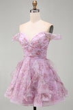 Lilac Off the Shoulder A-Line Ruffle Short Homecoming Dress with Lace Up Back