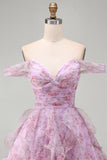 Lilac Off the Shoulder A-Line Ruffle Short Homecoming Dress with Lace Up Back