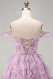 Lilac Off the Shoulder A-Line Ruffle Short Homecoming Dress with Lace Up Back