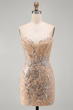 Champagne Sweetheart Sequins Bodycon Floral Short Homecoming Dress with Lace Up Back