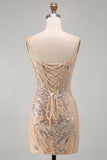 Champagne Sweetheart Sequins Bodycon Floral Short Homecoming Dress with Lace Up Back
