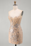 Champagne Sweetheart Sequins Bodycon Floral Short Homecoming Dress with Lace Up Back