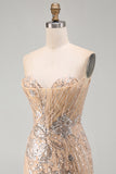 Champagne Sweetheart Sequins Bodycon Floral Short Homecoming Dress with Lace Up Back