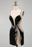 Black Bodycon Floral Spaghetti Straps Short Homecoming Dress with Beading