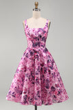 A-Line Fuchsia Floral Square Neck Corset Short Homecoming Dress