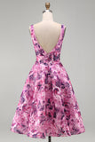 A-Line Fuchsia Floral Square Neck Corset Short Homecoming Dress