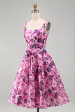 A-Line Fuchsia Floral Square Neck Corset Short Homecoming Dress