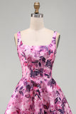 A-Line Fuchsia Floral Square Neck Corset Short Homecoming Dress