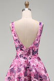 A-Line Fuchsia Floral Square Neck Corset Short Homecoming Dress
