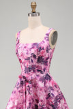A-Line Fuchsia Floral Square Neck Corset Short Homecoming Dress