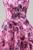 A-Line Fuchsia Floral Square Neck Corset Short Homecoming Dress