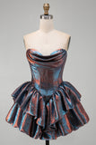 Blue A-Line Corset Sweetheart Tiered Metallic Short Homecoming Dress with Ruffles