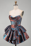 Blue A-Line Corset Sweetheart Tiered Metallic Short Homecoming Dress with Ruffles