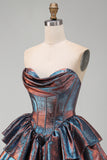 Blue A-Line Corset Sweetheart Tiered Metallic Short Homecoming Dress with Ruffles