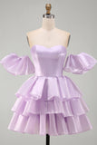Off the Shoulder Lilac A-Line Tiered Short Homecoming Dress with Lace Up Back