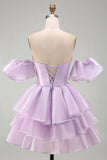 Off the Shoulder Lilac A-Line Tiered Short Homecoming Dress with Lace Up Back