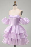 Off the Shoulder Lilac A-Line Tiered Short Homecoming Dress with Lace Up Back