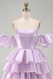 Off the Shoulder Lilac A-Line Tiered Short Homecoming Dress with Lace Up Back