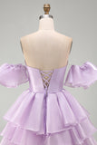 Off the Shoulder Lilac A-Line Tiered Short Homecoming Dress with Lace Up Back