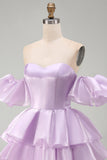 Off the Shoulder Lilac A-Line Tiered Short Homecoming Dress with Lace Up Back