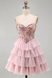 Pink A-Line Sweetheart Corset Tiered Floral Short Homecoming Dress with Sequins