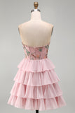 Pink A-Line Sweetheart Corset Tiered Floral Short Homecoming Dress with Sequins