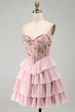 Pink A-Line Sweetheart Corset Tiered Floral Short Homecoming Dress with Sequins