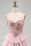 Pink A-Line Sweetheart Corset Tiered Floral Short Homecoming Dress with Sequins